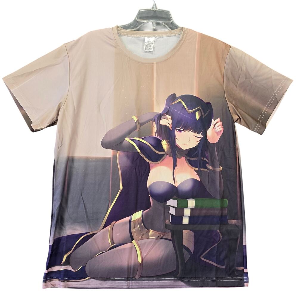 Anime Busty Woman Tan Purple Shirt NEW Graphic Print Stretch Short Sleeves Men L
